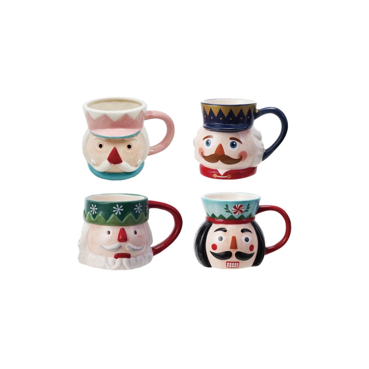 Hand-painted ceramic mug featuring a nutcracker holiday design, one of four available styles