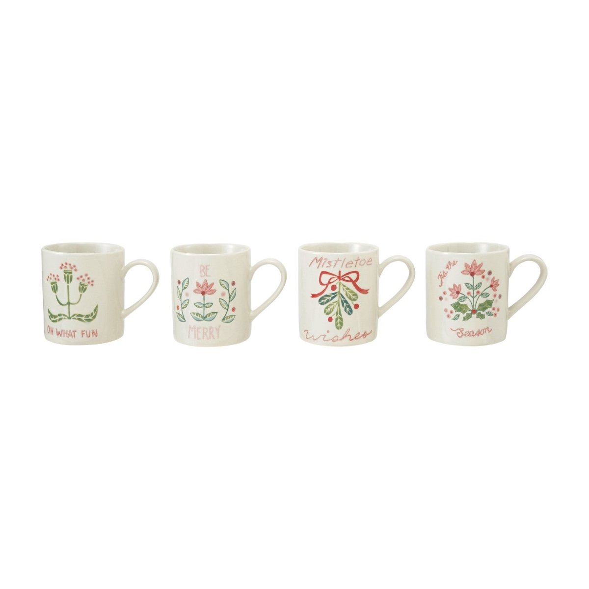A 14 oz. hand-painted stoneware mug with wax relief holiday botanicals and a festive saying, one of four styles