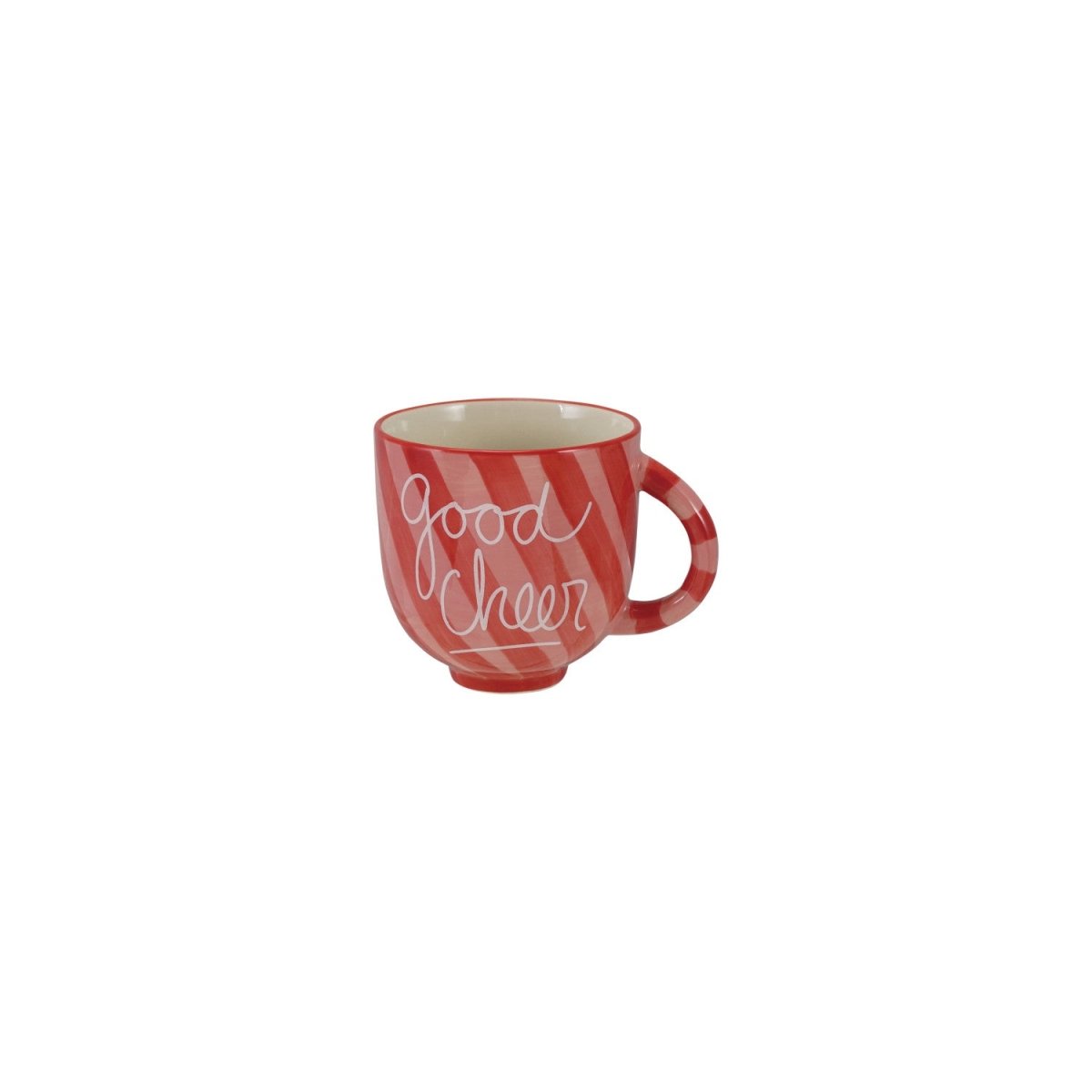 A 14 oz. hand-painted stoneware striped mug reading Good Cheer, in red and white