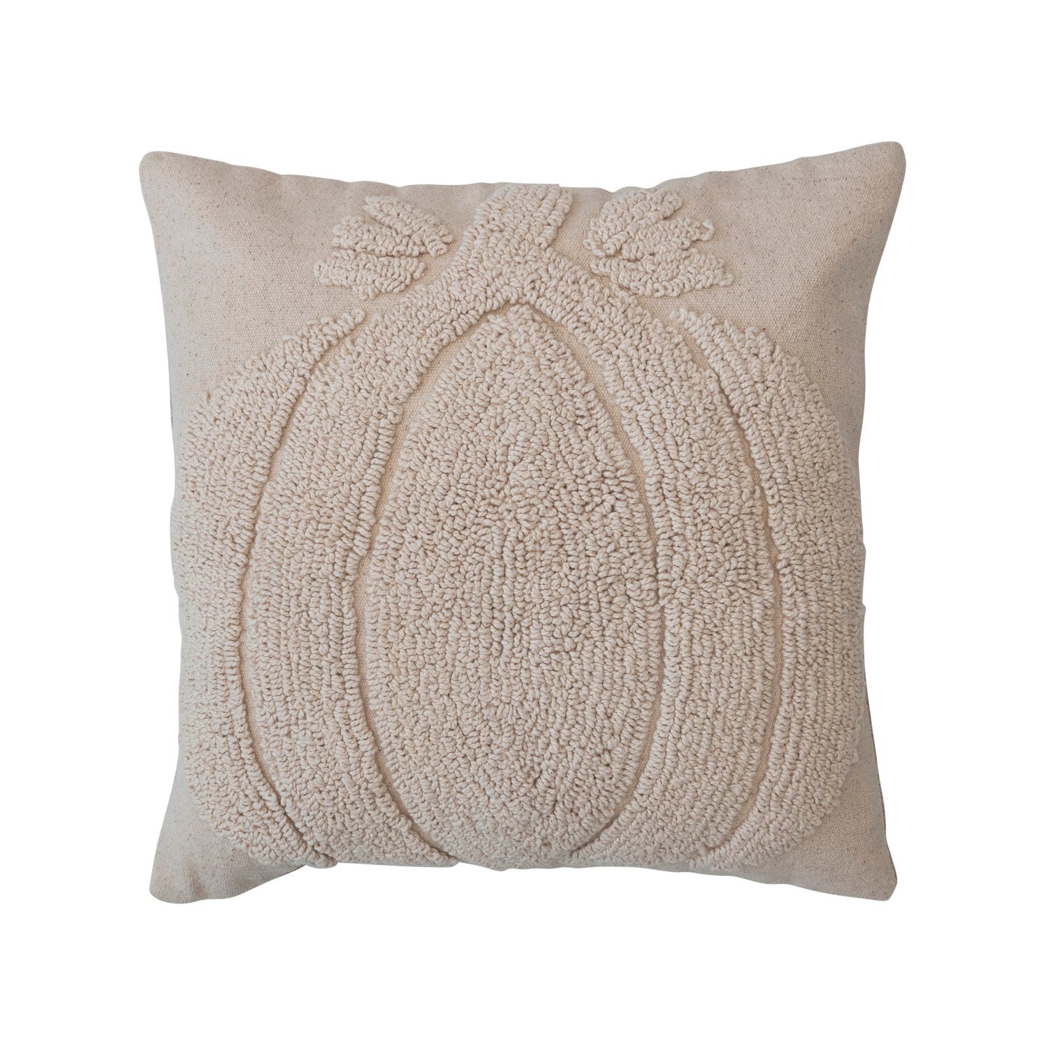 An 18 inch square cream-colored cotton slub tufted pillow with a pumpkin motif and chambray back