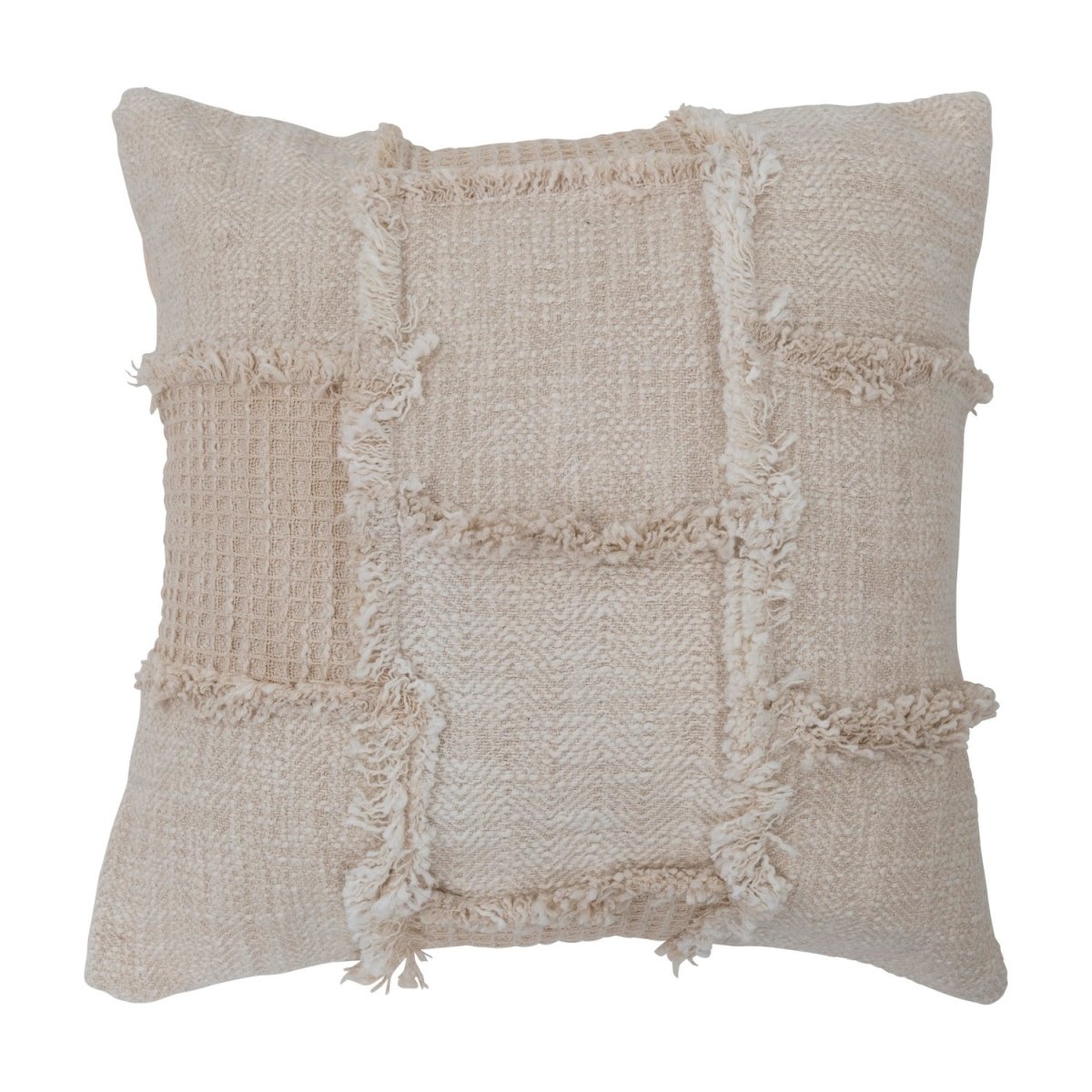 18 inch woven cotton and wool patchwork pillow with frayed edges