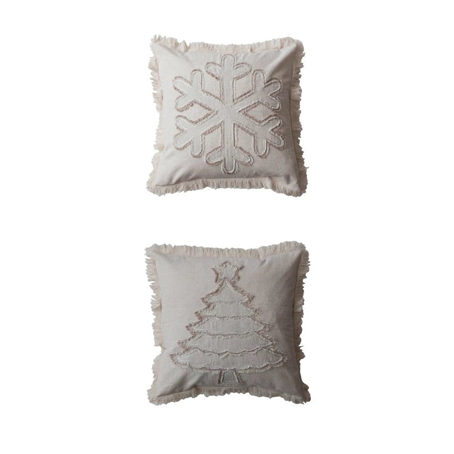 18"Sq Cotton & Linen Pillow w Christmas Tree/Snowflake,2 Sty - Pages & Parcels