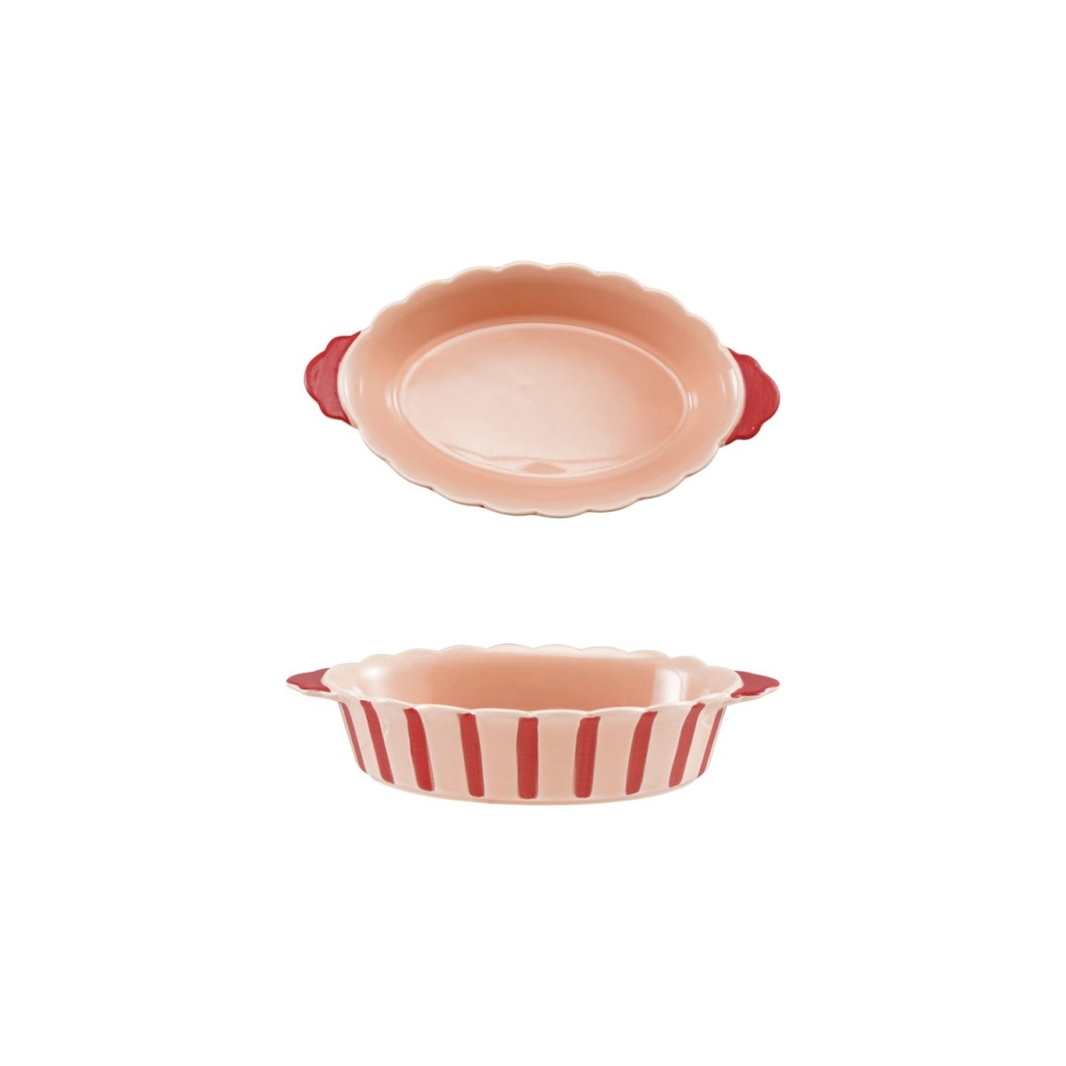 Stoneware scalloped baker with stripes and handles