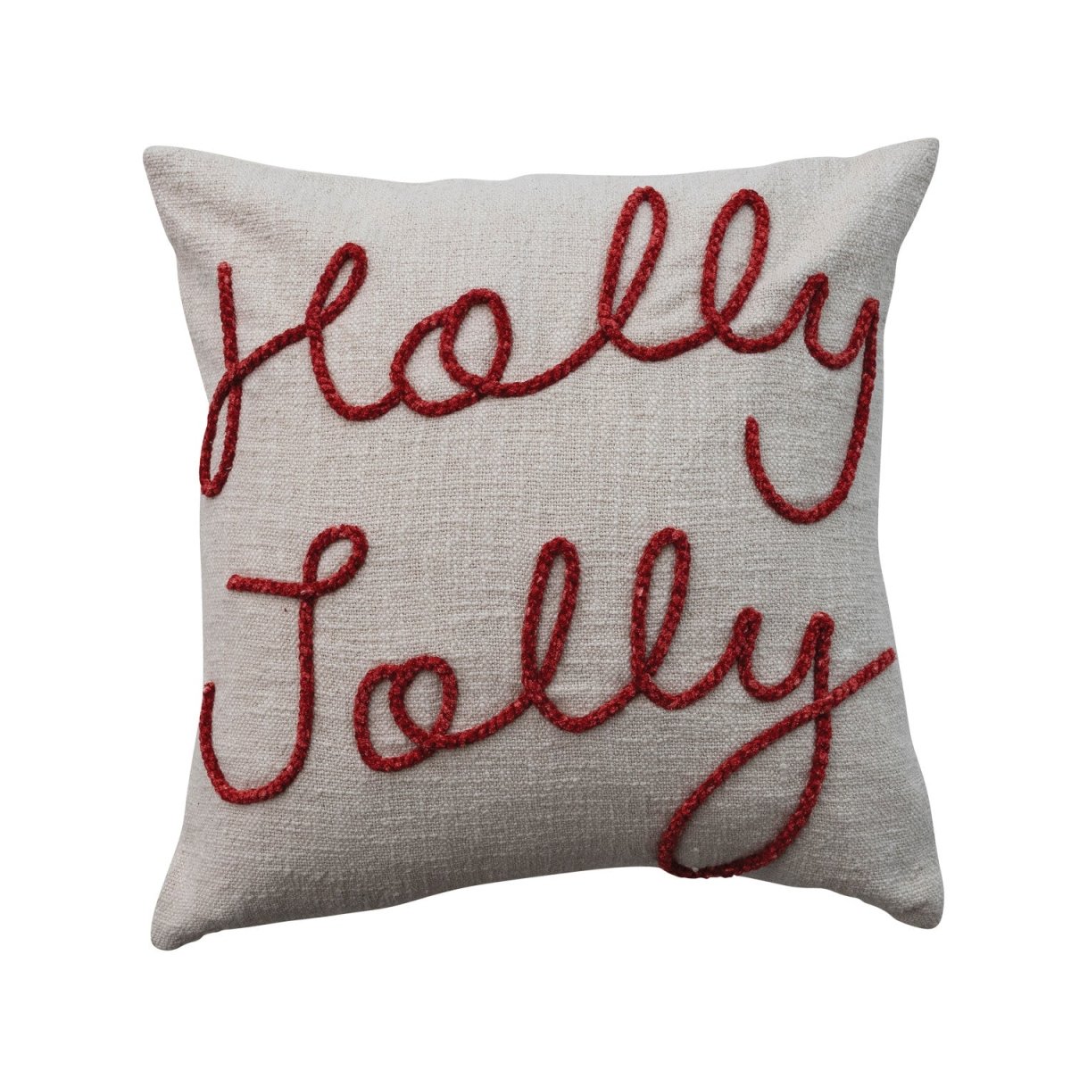 A 20 inch square cotton pillow embroidered with the phrase Holly Jolly