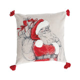 A 20 inch square pillow with an embroidered image, tufting, pom poms, and tassels