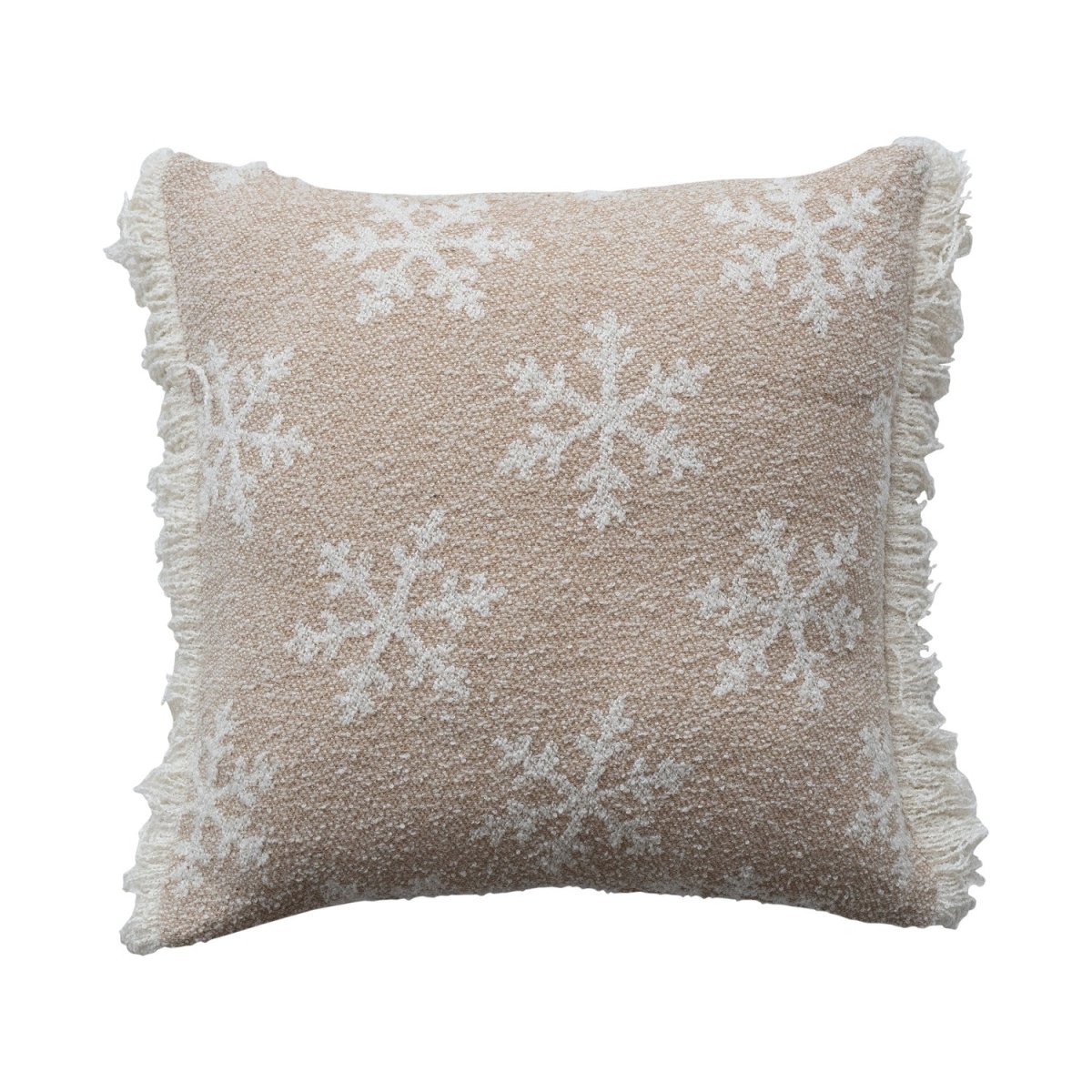 A 20 inch square two-sided pillow made of recycled fabric jacquard with fringe trim