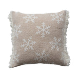 A 20 inch square two-sided pillow made of recycled fabric jacquard with fringe trim