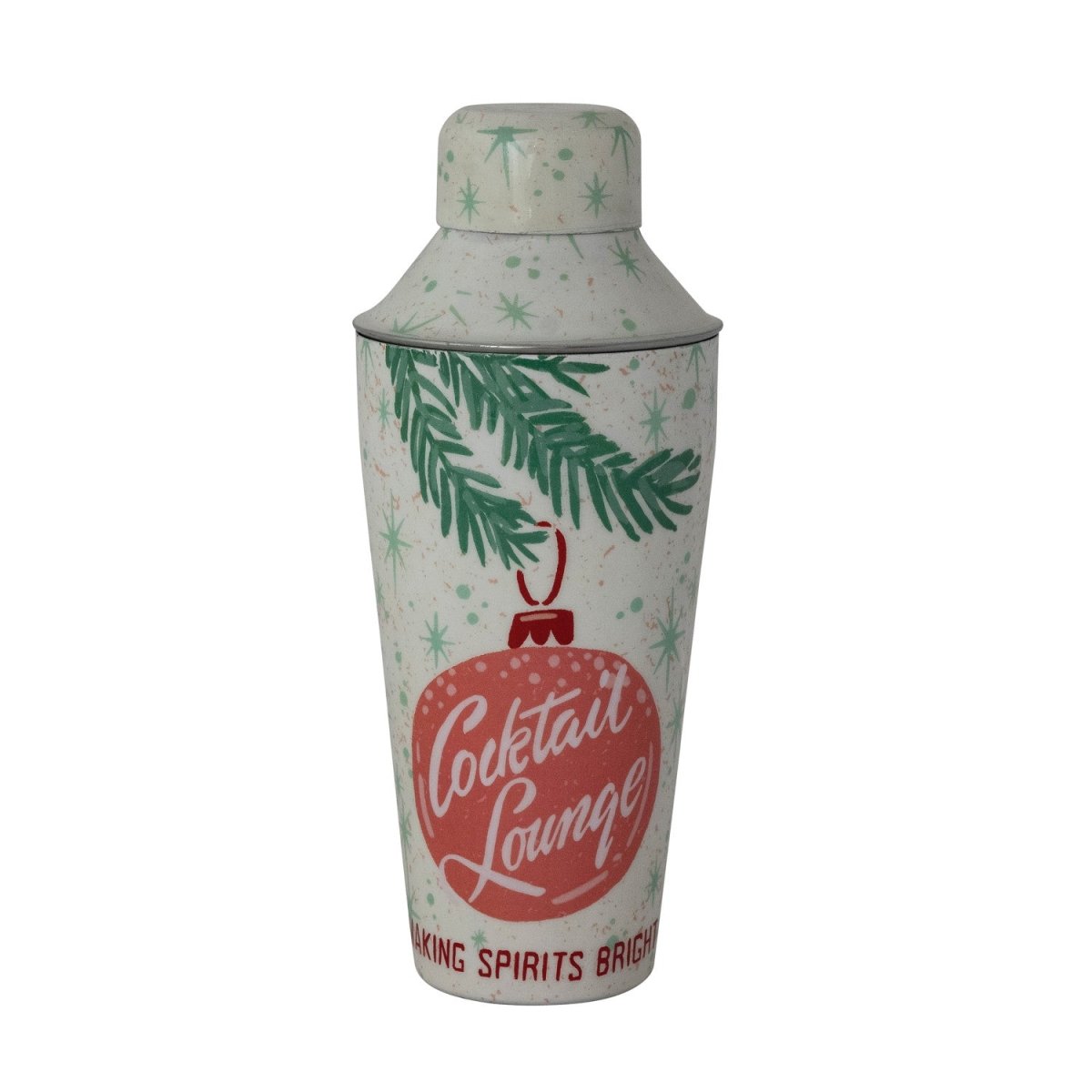 A 24 oz. enameled stainless steel cocktail shaker decorated with snowflakes, a pine bough, and an ornament