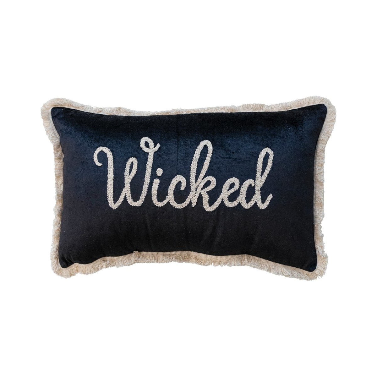 Cotton velvet lumbar pillow with embroidery and fringe trim