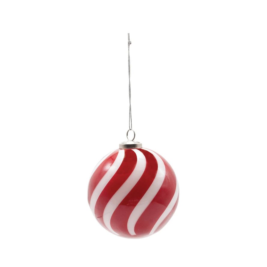 2"Rd Glass Ball Ornament w Stripes, Red & White - Pages & Parcels
