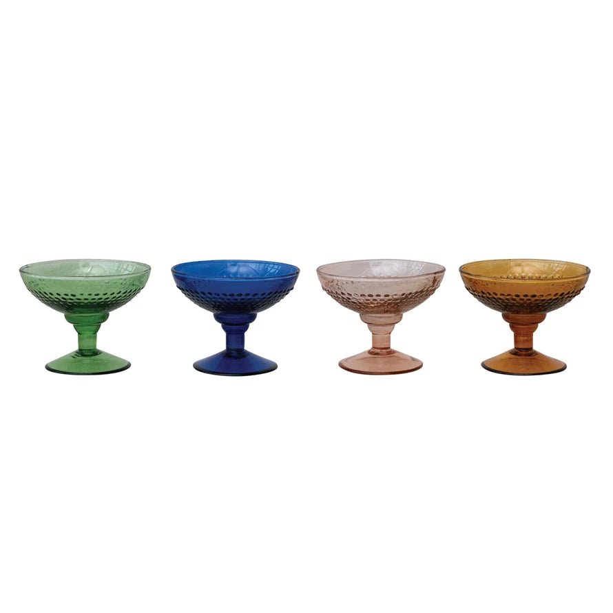 4 ounce embossed stemmed coupe glass, available in four colors