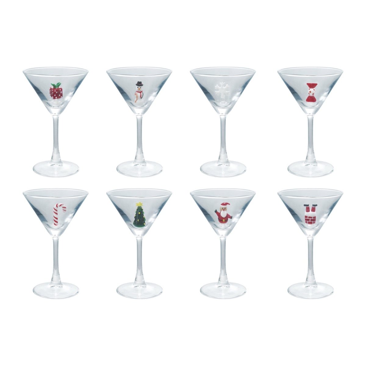 A 4 oz. martini glass with a hand-blown holiday figure inside the stem, one of eight styles