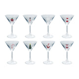 A 4 oz. martini glass with a hand-blown holiday figure inside the stem, one of eight styles