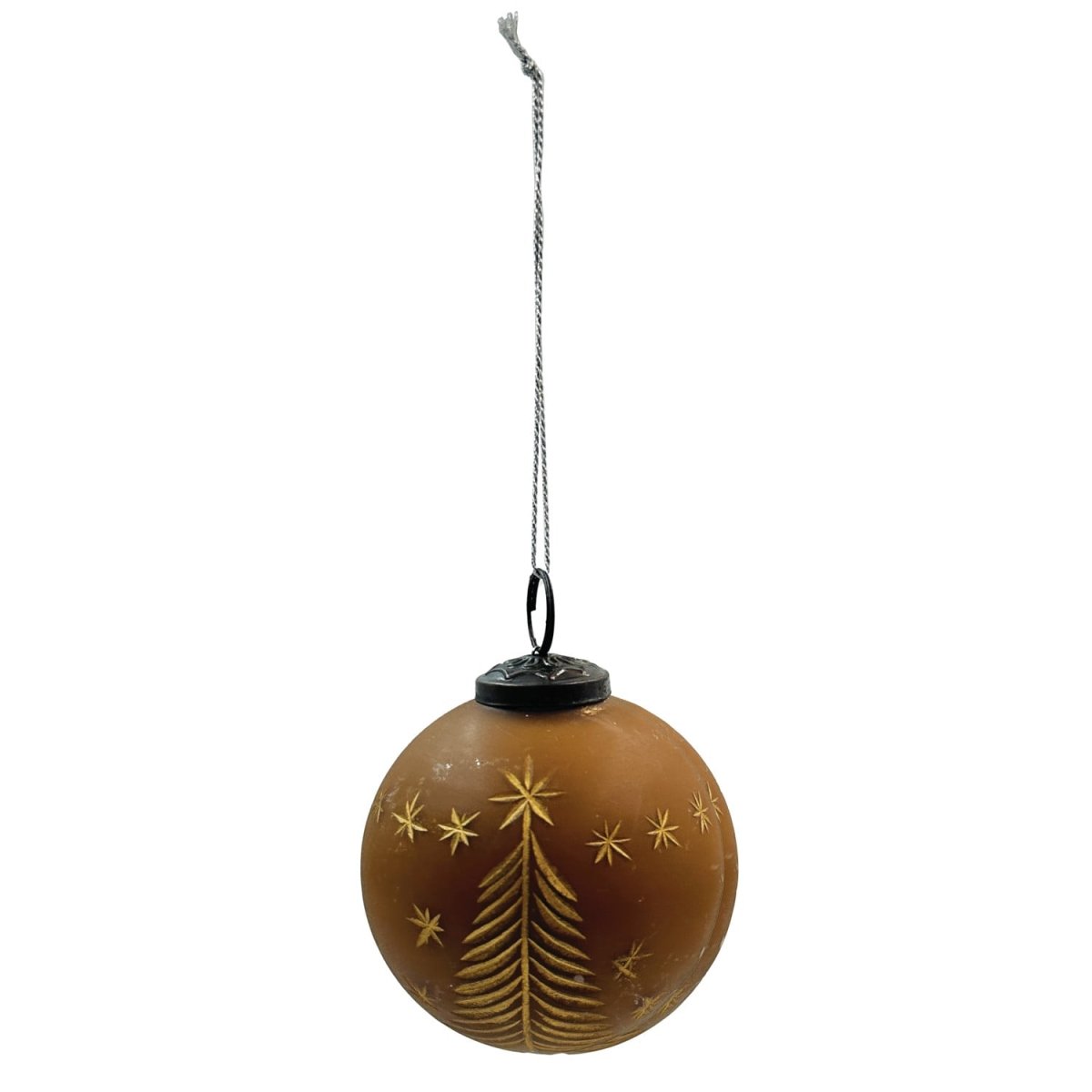 Round 4-inch glass ball Christmas ornament with an etched evergreen tree pattern