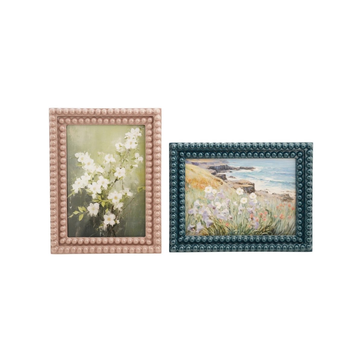 Resin bobbin-style photo frame sized to hold a 5x7 photo, shown in one of two available colors
