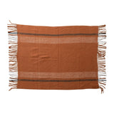 Striped brushed acrylic and New Zealand wool throw blanket with fringed edges, draped to show its texture and color pattern