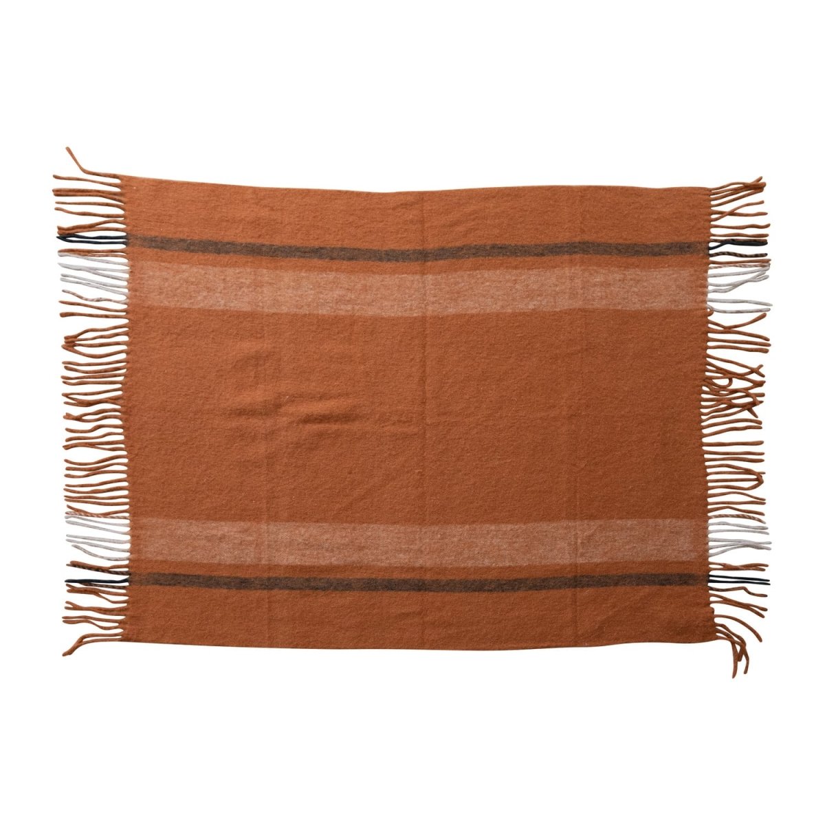 Striped brushed acrylic and New Zealand wool throw blanket with fringed edges, draped to show its texture and color pattern