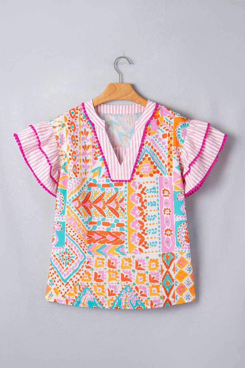 66 Boho Mixed Print Contrast Trim Blouse - Pages & Parcels
