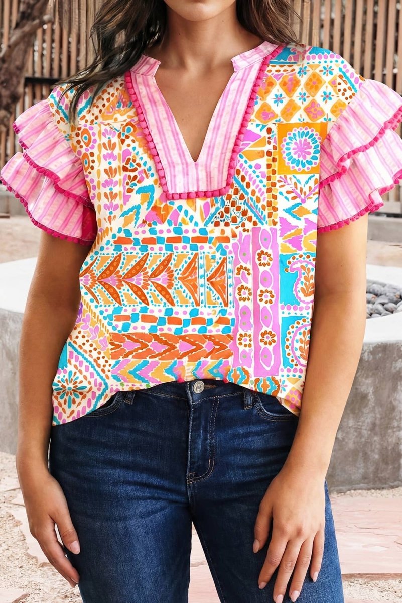 66 Boho Mixed Print Contrast Trim Blouse - Pages & Parcels
