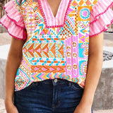 66 Boho Mixed Print Contrast Trim Blouse - Pages & Parcels