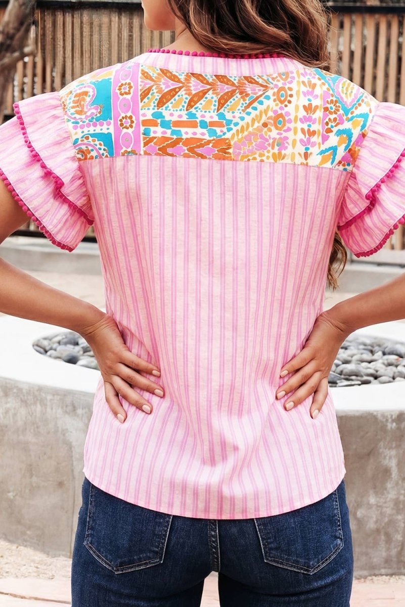 66 Boho Mixed Print Contrast Trim Blouse - Pages & Parcels