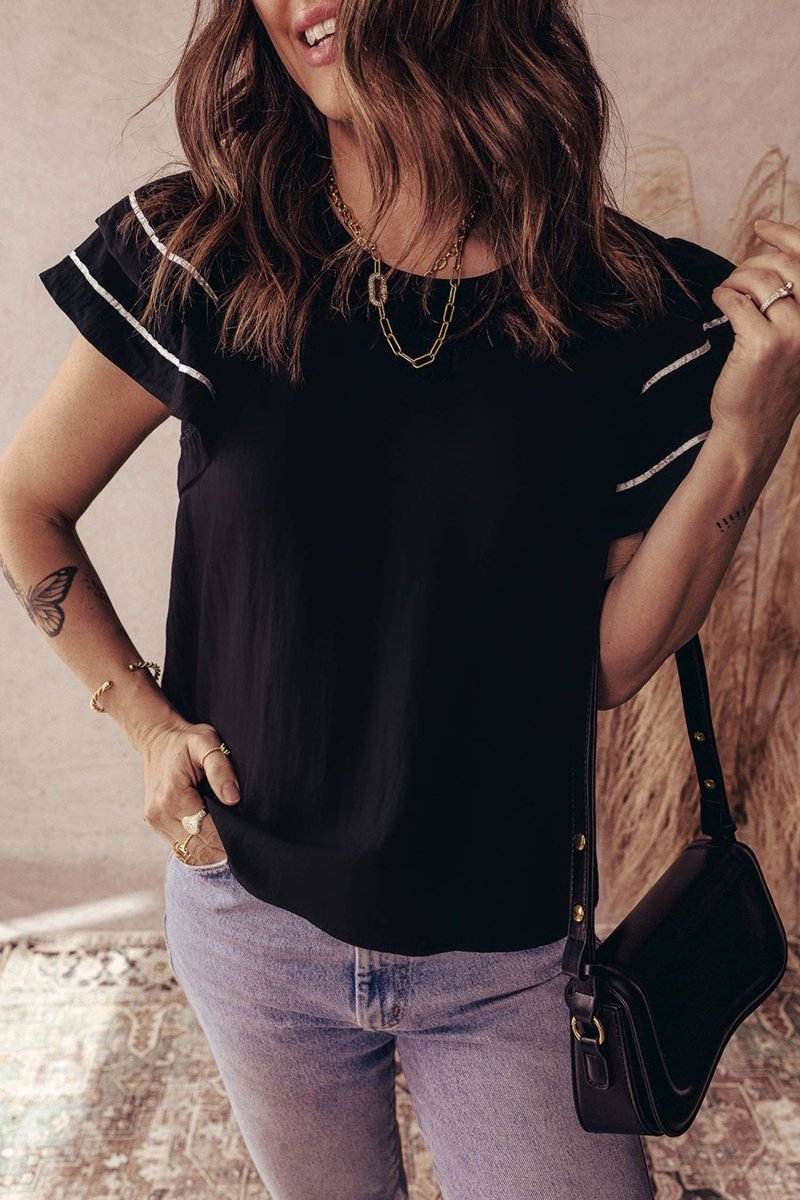 66 Contrast Trim Dual Ruffle Short Sleeve Blouse - Pages & Parcels