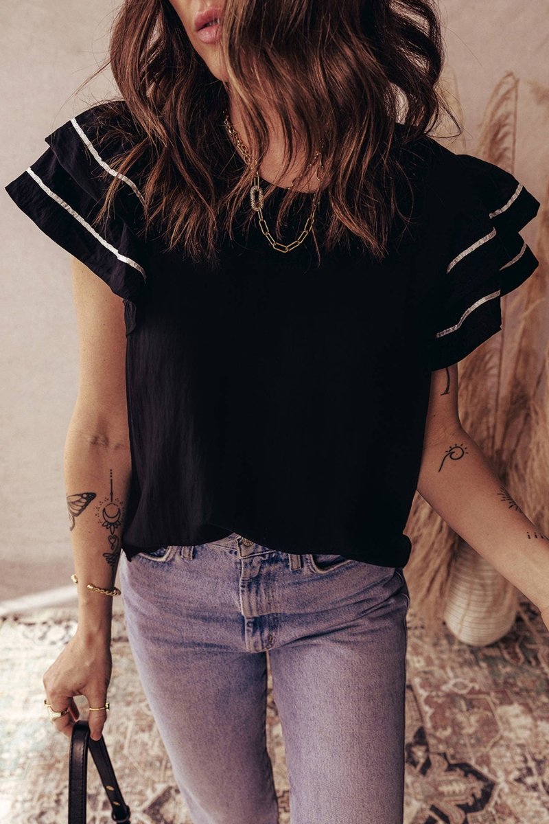 66 Contrast Trim Dual Ruffle Short Sleeve Blouse - Pages & Parcels