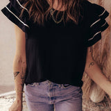 66 Contrast Trim Dual Ruffle Short Sleeve Blouse - Pages & Parcels