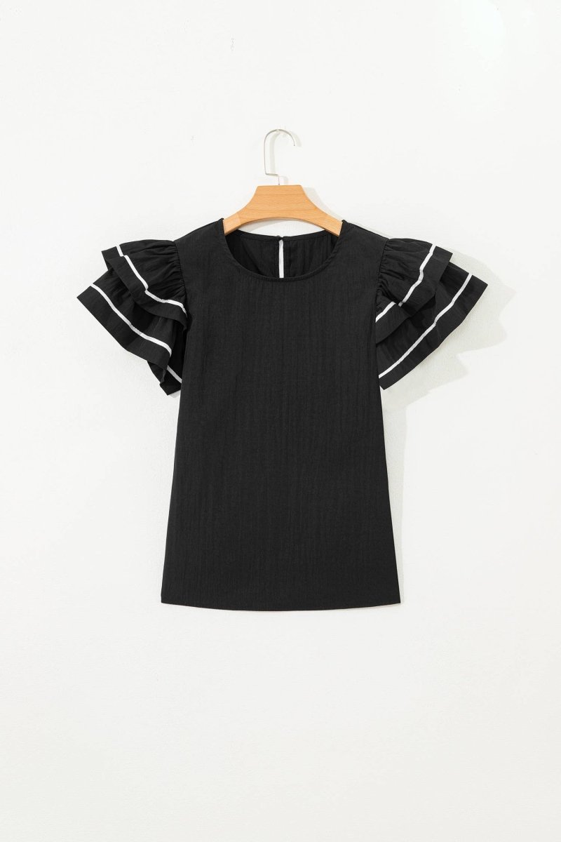 66 Contrast Trim Dual Ruffle Short Sleeve Blouse - Pages & Parcels