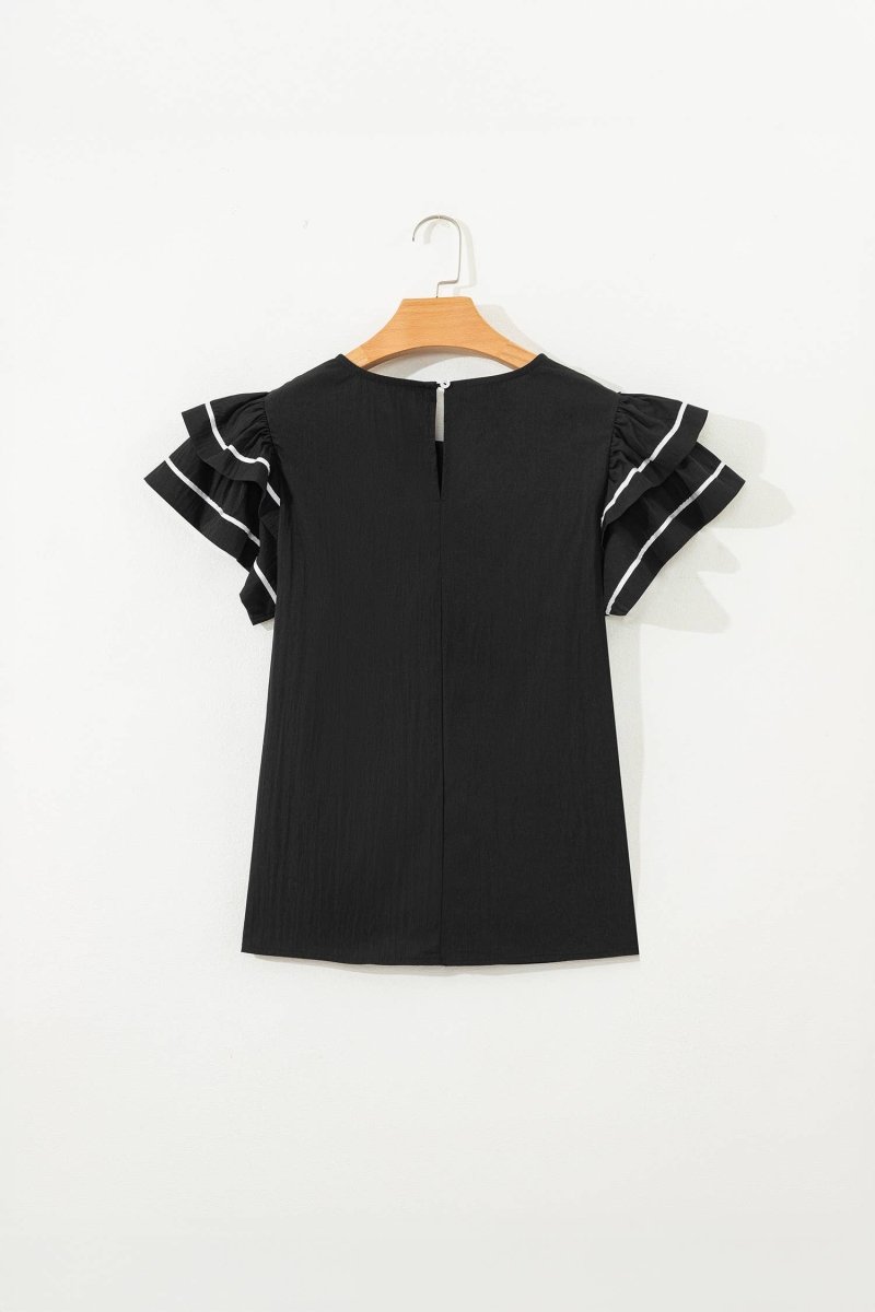 66 Contrast Trim Dual Ruffle Short Sleeve Blouse - Pages & Parcels
