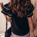 66 Contrast Trim Dual Ruffle Short Sleeve Blouse - Pages & Parcels