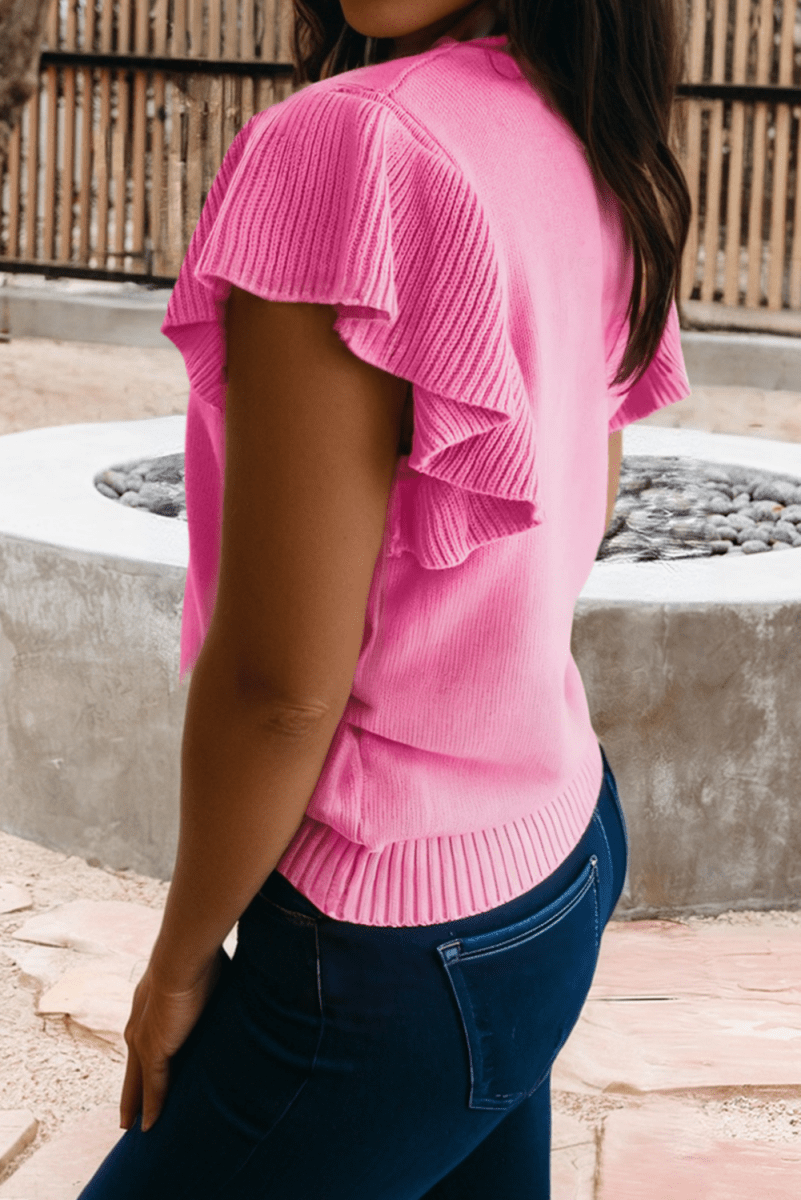 66 Ribbed Trim Ruffle Short Sleeve Sweater - Pages & Parcels