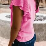 66 Ribbed Trim Ruffle Short Sleeve Sweater - Pages & Parcels