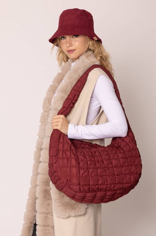 Cora Large Quilted Puffer Tote Bag: Burgundy