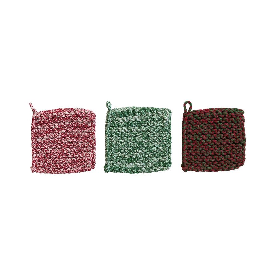8"Sq Hand - Woven Melange Cotton Crocheted Pot Holder,3 Styles - Pages & Parcels