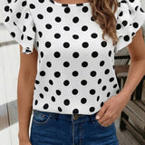 Polka Dot Print Ruffled Short Sleeve Blouse