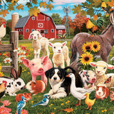 Colorful farm scene with animals and flowers in a field.