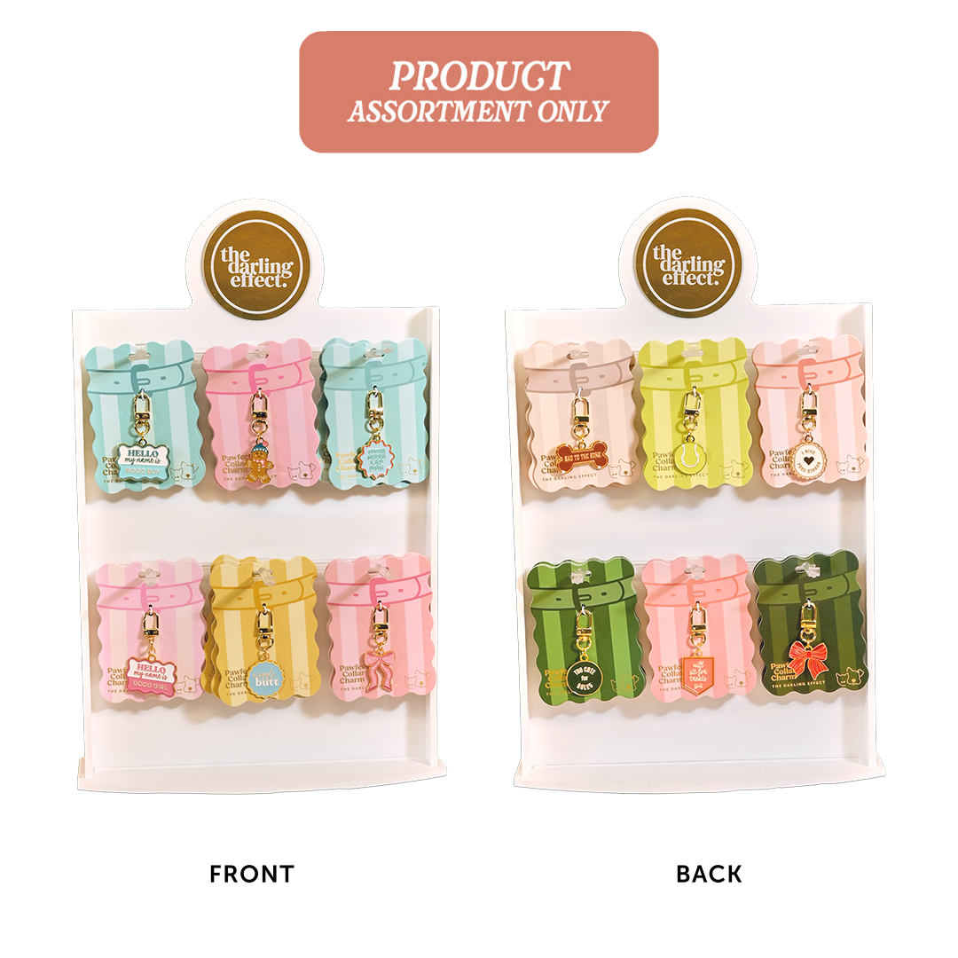 An assortment of six small zippered pouches or charms displayed on two white backing cards labeled FRONT and BACK, with a pink banner at the top reading PRODUCT ASSORTMENT ONLY. The items come in pastel and bright colors including pink, blue, yellow, green, and orange, each with a small gold-tone charm attached.