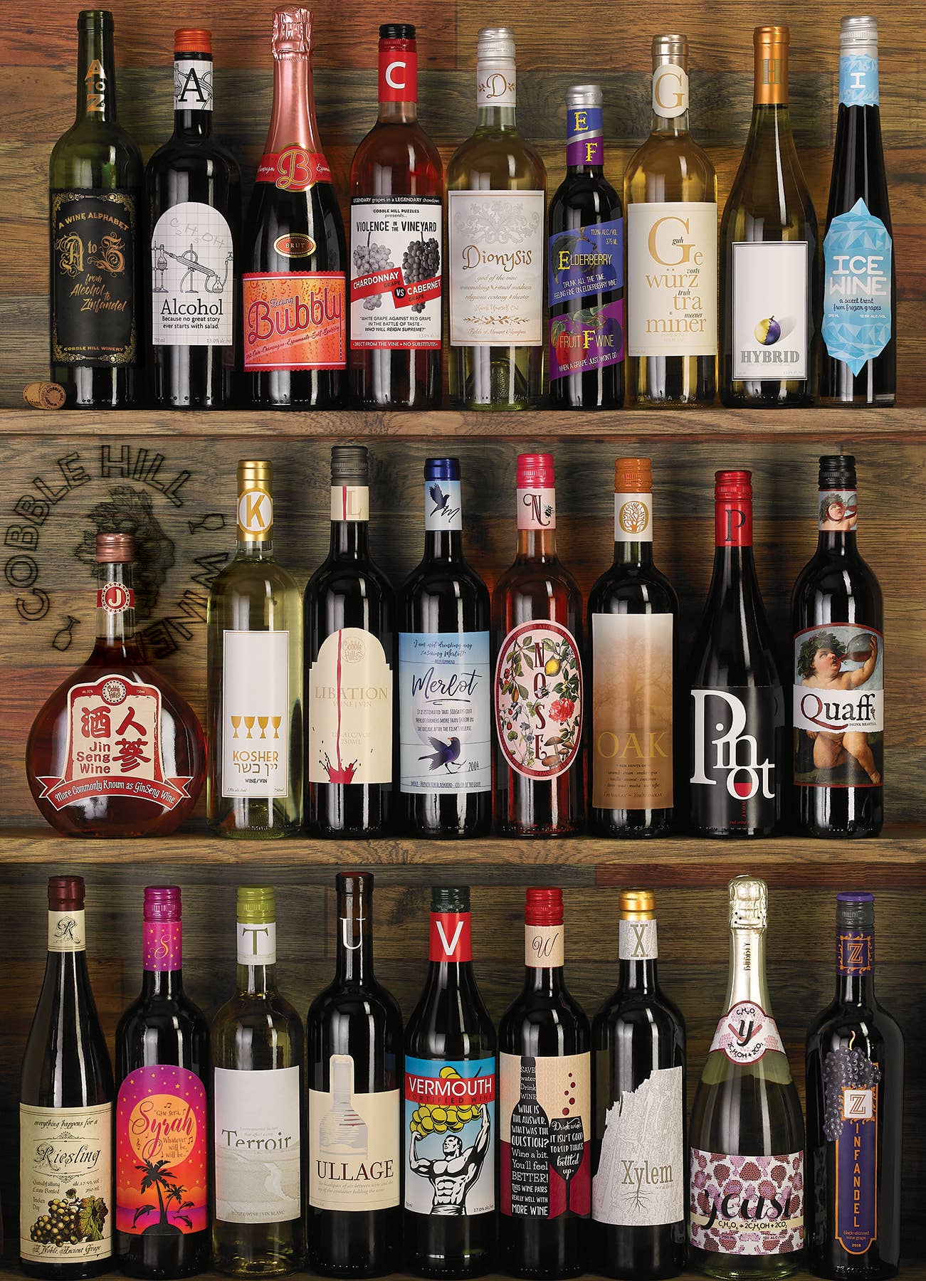 Shelf displaying a variety of wine bottles with different labels.