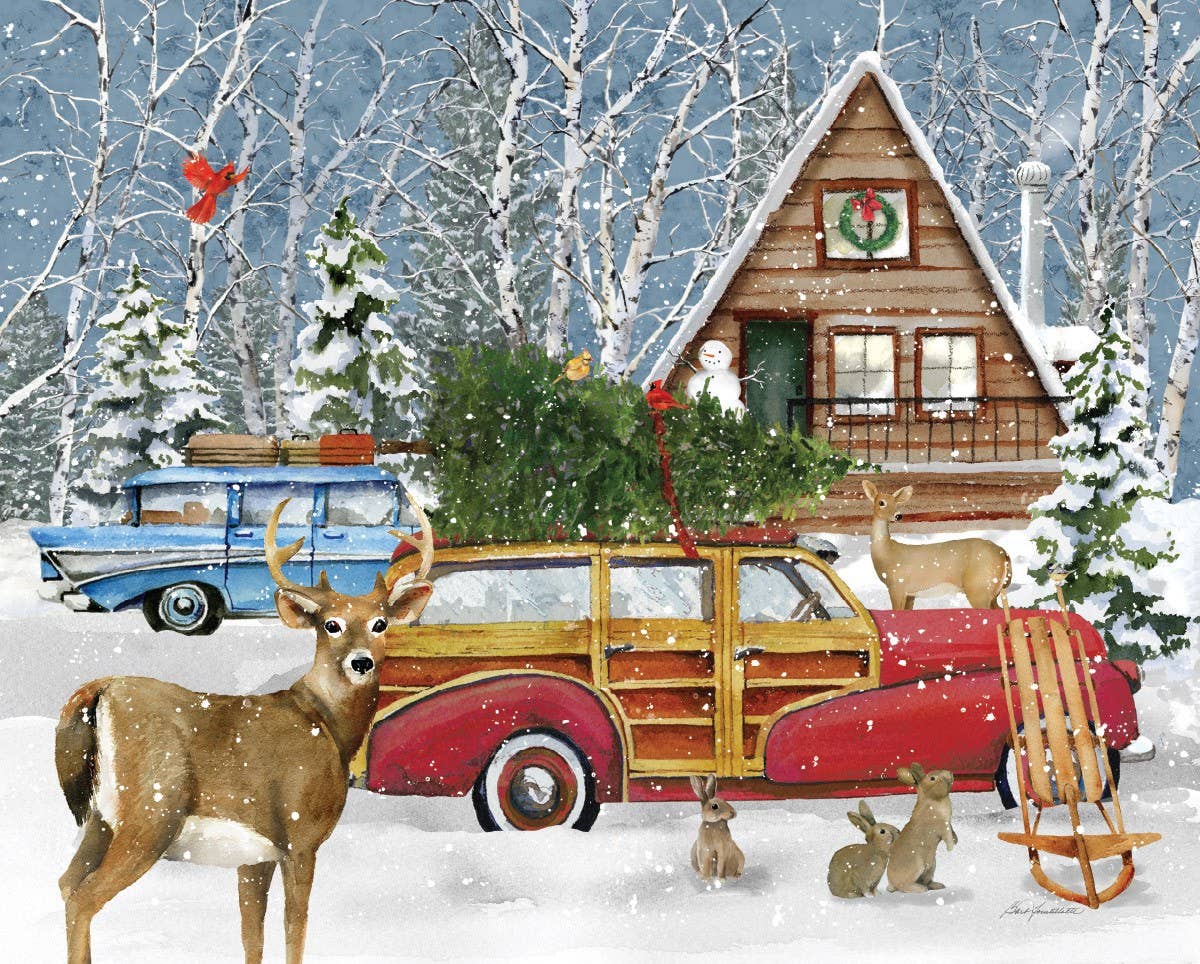 Jigsaw puzzle box for A Country Christmas Retreat, featuring a snowy A-frame cabin and Christmas tree wagon