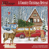 Jigsaw puzzle box for A Country Christmas Retreat, featuring a snowy A-frame cabin and Christmas tree wagon