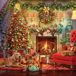 Jigsaw puzzle box for A Cozy Christmas Eve, featuring a decorated living room with a glowing tree