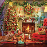 Jigsaw puzzle box for A Cozy Christmas Eve, featuring a decorated living room with a glowing tree