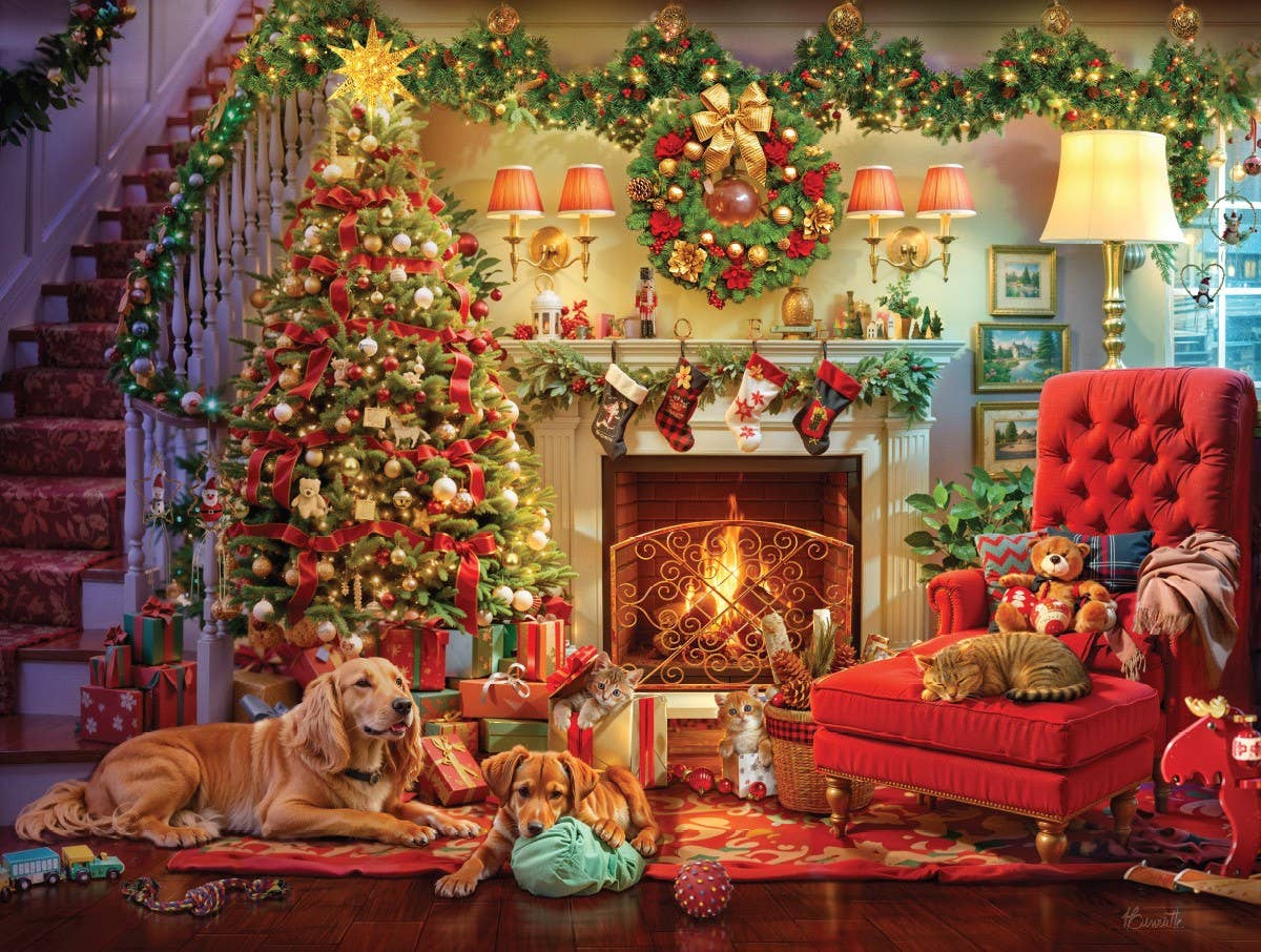Jigsaw puzzle box for A Cozy Christmas Eve, featuring a decorated living room with a glowing tree