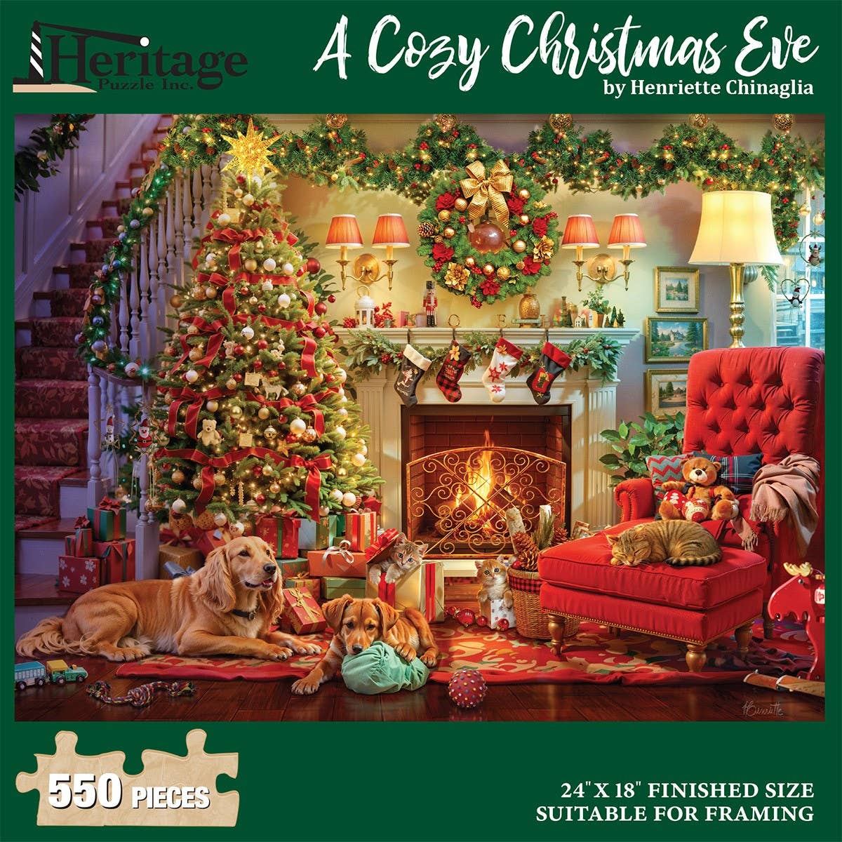 Jigsaw puzzle box for A Cozy Christmas Eve, featuring a decorated living room with a glowing tree