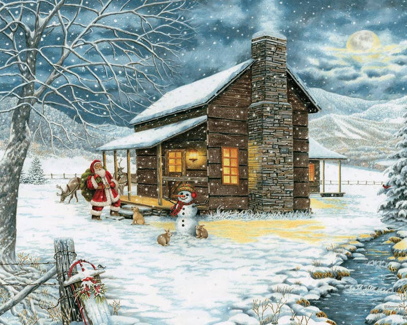 Jigsaw puzzle box for A Smoky Mountain Christmas, featuring Santa and a snowy cabin scene