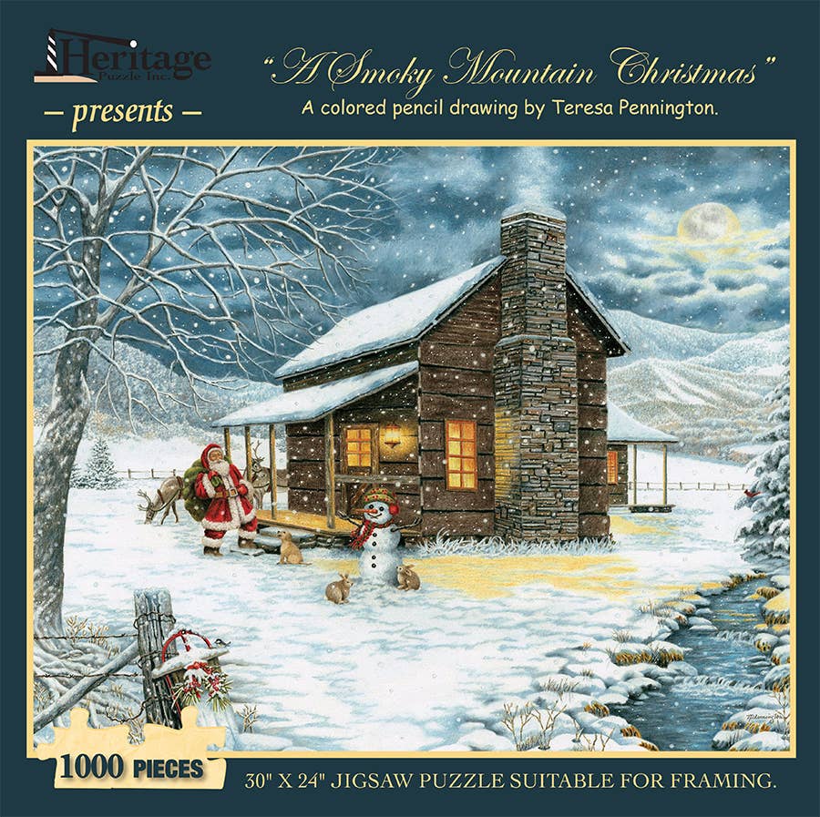 Jigsaw puzzle box for A Smoky Mountain Christmas, featuring Santa and a snowy cabin scene