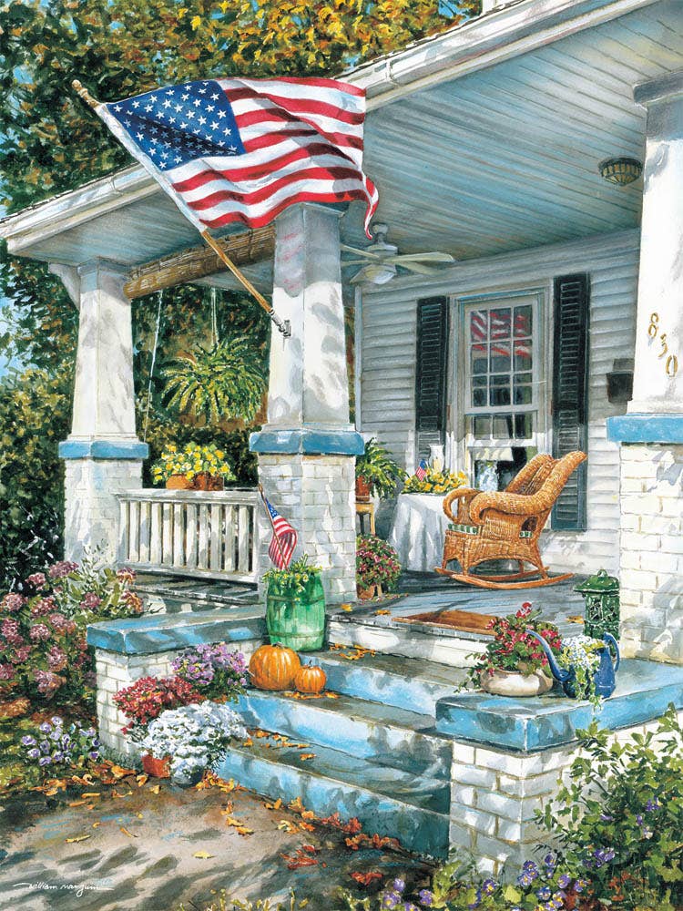 Jigsaw puzzle box for American Way, featuring an American flag on a fall porch