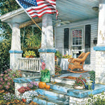 Jigsaw puzzle box for American Way, featuring an American flag on a fall porch
