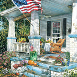 Jigsaw puzzle box for American Way, featuring an American flag on a fall porch